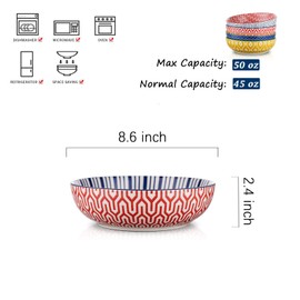 Selamica Ceramic 50 Ounce Pasta Bowls Set of 4, 8.6 Inch Large Salad Bowls, Wide and Shallow Porcelain Soup Bowls, Stackable Serving Bowls, Microwave Dishwasher Safe, Assorted Colors