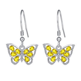 White Gold 925 Sterling Silver Yellow Cz Cute Sparkly Butterfly Dangle Drop Earrings for Women Citrine November Birthstone Dangling Fashion Jewelry Daughter Wife Niece Birthday Christmas Mother's Day Gifts