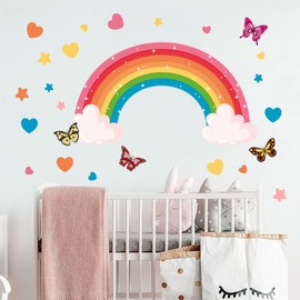 Large Rainbow Wall Decals Decor for Kids Room, Vibrant Color Butterfly and Stars Peel and Stick Wall Stickers for Classroom, and Nursery 30x60cm
