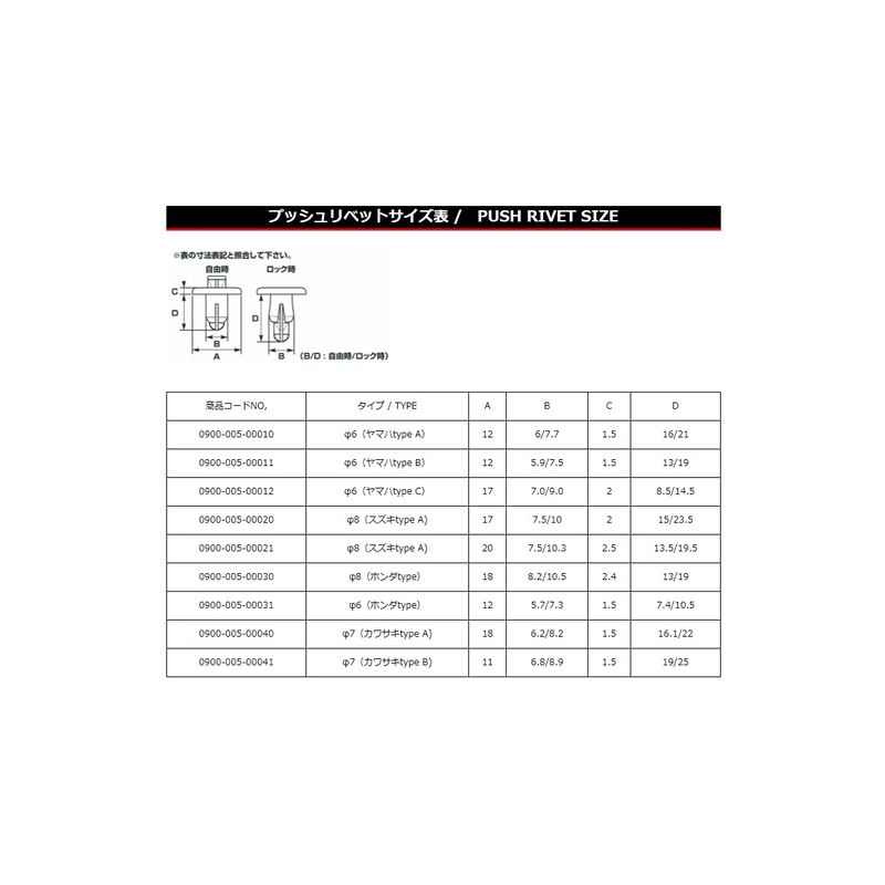 Kitaco K-CON 0900-005-00011 Push Rivets (φ6/Yamaha Type B/3 pieces) General