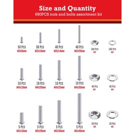 YOOPIN 680PCS Nuts and Bolts Set, M3/M4/M5 Phillips Round Head Screws Nuts and Washers, Carbon Steel Hex Nut and Bolt Assortment Set for DIY Projects, Furniture Installation and Parts Fixing