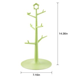 World Backyard Plastic 6 Mugs Holder Tree Cups Hanging Stand Green with Bird & House Sign, Coffee Tea Cup Rack Counter Bar Accessory