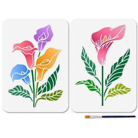 MAYJOYDIY 2 Pcs Calla Lily Stencil 11.7×8.3inch Reusable Flower Stencils for Painting Leaves Plants Stencil Templates with Paint Brush for Gift Decoration Craft on Window Wood Wall Home
