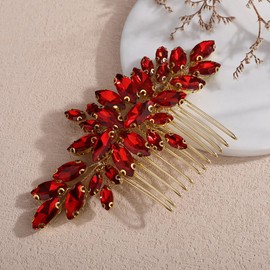 Teyglen Red Crystal Headpiece Bride Wedding Rhinestone Hair Comb Sparkly Crystal Hair Piece Bridal Side Hair Comb for Women Bridal Party Prom Hair Jewelry(Red)