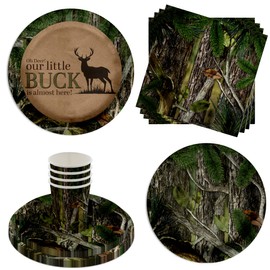 Buck Hunter Baby Shower - 64 Piece Deer Hunting Baby Shower Tableware Set Includes Large 9" Dinner Plates and 8" Dessert Paper Plates Napkins Cups - Kit for 16