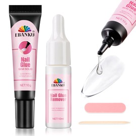 Semi Solid Nail Glue Gel with Nail Glue Remover, EBANKU Quick Drying Solid Super Glue for Press On Nails, No UV Light Needed, 10ml Gel Nail Remover for Fake Acrylic Nails