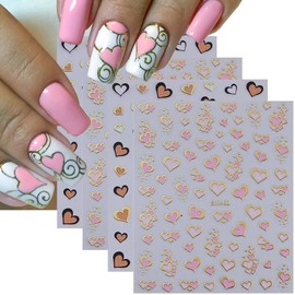 MOLILON 4 Sheets Heart Nail Stickers for Nail Art, 3D Love Nail Decals, Self-Adhesive Hollow Peach Heart-Shaped Nail Art Stickers for Women Girls DIY Manicure Decoration