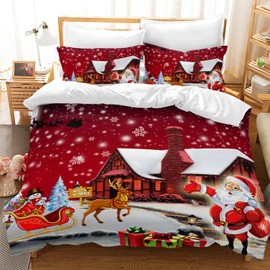 LXTOPN 3D Printed Santa Claus Duvet Cover - Microfibre Bedding Set with Zipper Duvet Cover with 2 Pillowcases (200 x 200 cm, Christmas House)