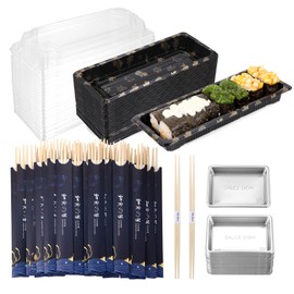 Sbirdbao Disposable Dinnerware Set for 50pcs Sushi Trays Containers with Lids 8.6 x 3.6 Inch Disposable Sushi Take Out Boxes, 50 Pairs Japanese Bamboo Chopsticks, 100pcs Soy Sauce Dishes
