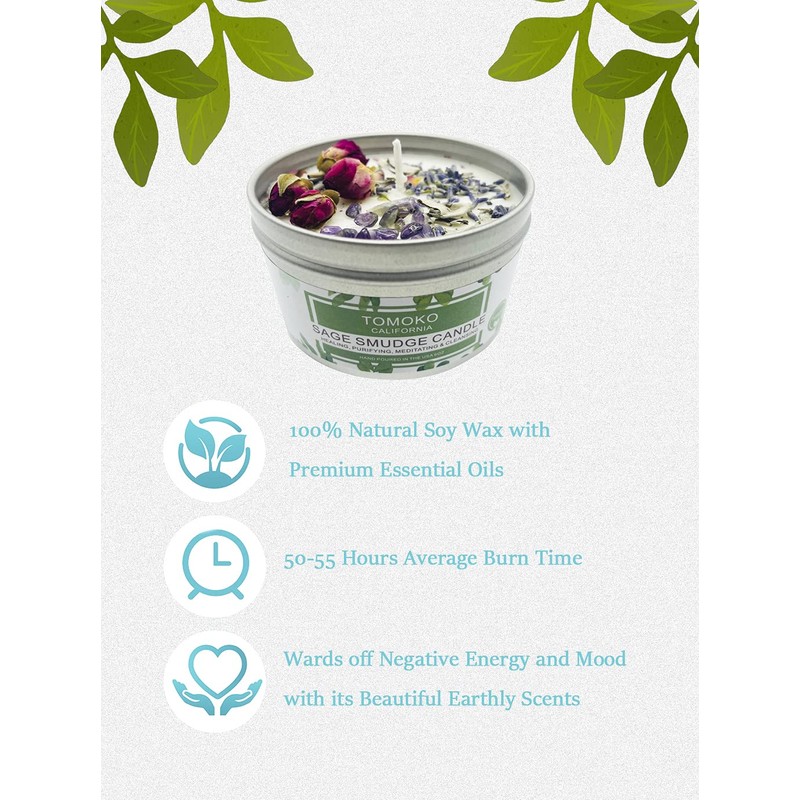 TOMOKO White Sage Scented Candle with Rose, Lavender and Crystal!