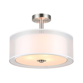 XiNBEi Lighting Semi Flush Mount Ceiling Light, 3 Light Close to Ceiling Light with Fabric Shade, 16" Drum Semi Flush Ceiling Light in Brushed Nickel for Living Room & Bedroom XB-SF1194-BN