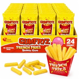 French Fries Bubble Gum – 24 Count Bulk Pack – Novelty Fry-Shaped Bubble Gum Bags – No Artificial Dyes – Fun Food Theme Party Candy