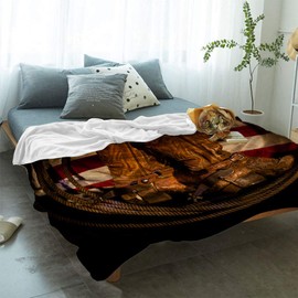 T&H Home Flannel Fleece Microfiber Throw Blanket USA Western Blanket, Cowboy Hat with Boots Rope on American Flag Soft Warm Fuzzy Lightweight Bed Blankets for Couch Bedroom Living Room 40"x50"