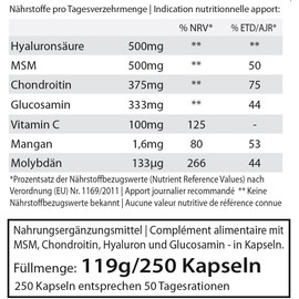 Get UP® Glucosamin Chondroitin MSM Komplex mit Hyaluronsäure | + Vitamin C & Spurenelemente Mangan und Molybdän | 250 Kapseln
