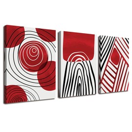 Red Theme Abstract Boho Wall Art Decor Black and White 3 Pieces Stretched and Framed Canvas Painting Black Ink Geometry Wall Art for Living Room Home Office Bathroom Bedroom Wall Decor 12"x16"x3