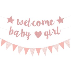 CAVLA Welcome Baby Gril Banner, Party Banner Triangle Flags for Baby Gril, Pink Glitter Party Decorations Banner, Gender Reveal Bunting Flag, Baby Shower Party Supplies (Pink)
