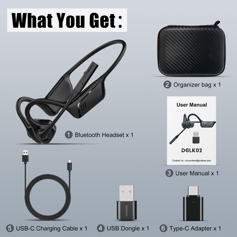 2B2C Open Ear Headphones with Mic, Bluetooth 5.1 Headset, USB