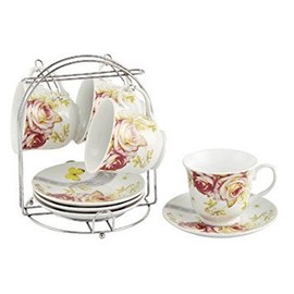 Lorenzo Import Floral Coffee Cups On Metal Stand (Set of 4), Pink