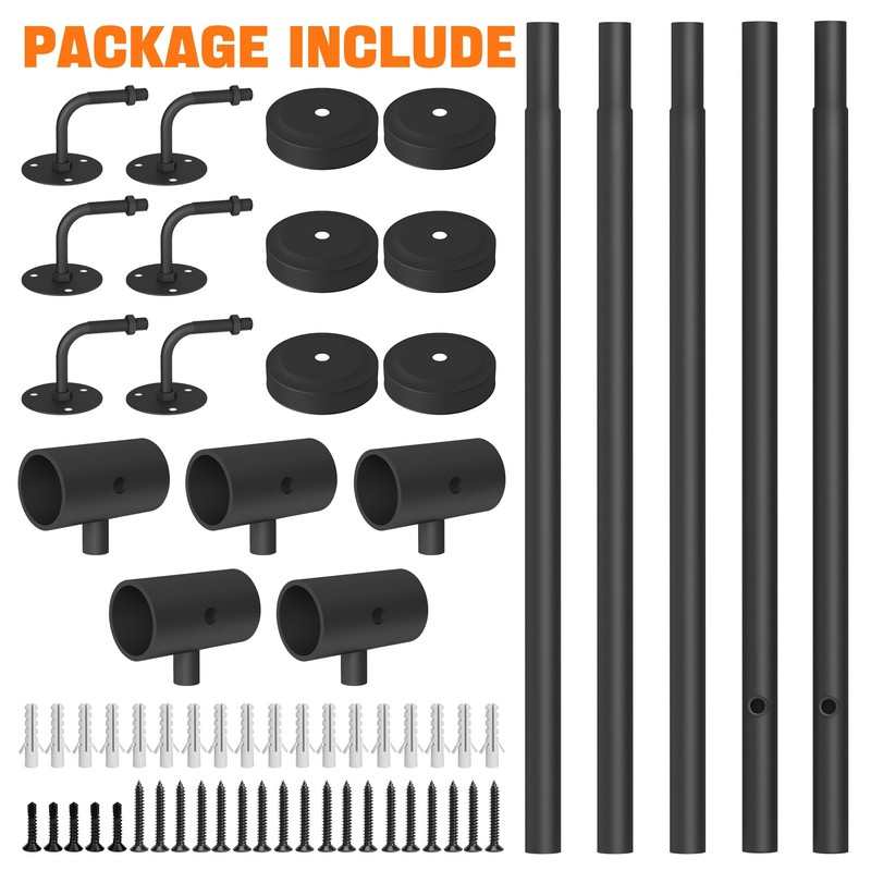 13FT Industrial Metal Stair Handrail,Round Pipe Stair Railing for Indoor/Outdoor