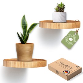VELONT Round Wall Shelf, Diameter 15 cm, Set of 2, Floating Bamboo, 7 kg Load Capacity, Room Decoration & Plant Presentation, Includes Free Mounting Kit, Sustainable & Modern, for Any Room, German