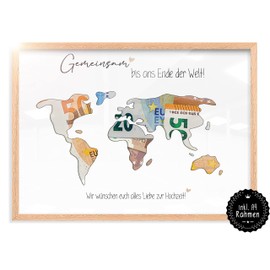 Includes Frame | Wedding Gifts | Wedding - for Bride and Groom Money - Picture Frame | World Map | Impressive Gift (Framed - A4)