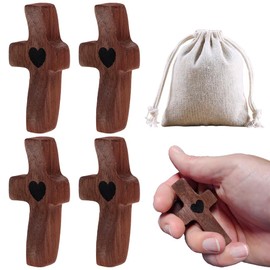 JOAASU Pack of 4 Carved Wooden Cross, Worry Stone Wood, Love Crosses with Hearts, Portable Prayer Crosses, 5 x 2.5 cm, Hand Carved Love Cross for Devotional Prayers (Wood Colour)