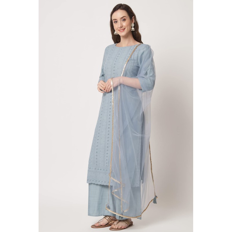 Shopping Queen Chikankari Kurta Palazzo Dupatta - Juego de seda