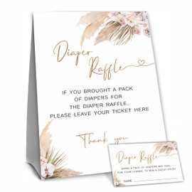 NYCTUG Baby Shower Game, Boho Pampas Grass Diaper Raffle Game Kit For Boys And Girls 1 Diaper Raffle Standing Sign With 50 Diaper Raffle Tickets,Party Favor Decorations And Supplies-NBLK-23