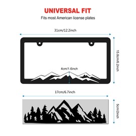 ZXFOOG Mountain License Plate Frames- Plastic Black Car Tag Holder Bracket with Screws Caps, 2 Packs 2 Hole, White on Black, Mountain Vinyl Sticker Included