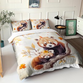 AILONEN Red Panda Duvet Cover Set Twin Size,Cute Animal Printed Bedding Set,Autumn Orange Leaves Panda Bear Kawaii Comforter Cover Set 3 Pieces, 1 Quilt Cover and 2 Pillowcases