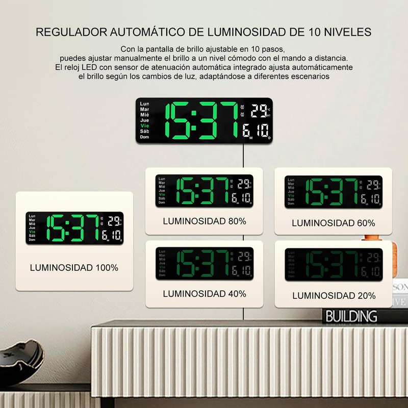Reloj digital de 13 pulgadas, doble alarma con modo de