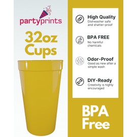 PartyPrints 100 Pack 32oz Yellow Reusable Blank Plastic Cups, Colored Plastic Drinking Cups, Food-Grade Party Cups, Stackable Water Cups for Parties, Weddings, Events or DIY Projects