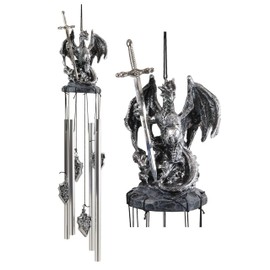 Ebros Gift Medieval Silver Dragon Holding Excalibur Sword and Orb Figurine Crown Top Resonant Wind Chime Garden Patio Home Fantasy Dungeons and Dragons Accent Decor