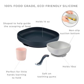 BEABA Silicone 4 Piece Baby Feeding Set, Suction Plates for Baby, Includes Baby Plate, Baby Bowl, Baby Cup, 2nd Stage Silicone Spoon, High Grade Food Safe Silicone, Baby Must Haves, Midnight