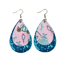 Princesss Themed Teardrop Earrings, Pink and Blue Glitter, Fairy Tale Design for Women/Adults. Cinderalla Style Drop and Dangle Earrings, Large, Acrylic, No Gemstone
