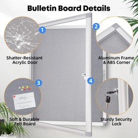 YOKUGO 26"x20" Outdoor Bulletin Board Weatherproof, Aluminium Frame Enclosed Bulletin Board with Locking Door, Tamper-Proof Dispaly Case Lockable Felt Pinboard for School, Office, Hospital, Store
