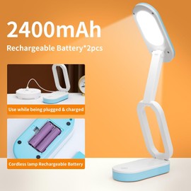 GEPROSMA Cordless Desk Lamp Reading Light Rechargeable,Small Table Lamp Battery*2 Operated 3000MAH,Foldable/Portable/Touch 3 Light Modes, for Kids Home Bedroom Bedside Dorm,Blue