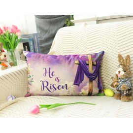 4TH Emotion Easter Lumbar Throw Pillow Covers 12 x 20 Inch, He is Risen Spring Farmhouse Holiday Cushion Case for Home Sofa Couch Decoration TH186