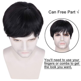 BECUS Human Hair Wig Men Wigs Human Hair Black Wig with Bangs Short Wigs for Men Male Straight Realistic with Free Cap (Natural Black)