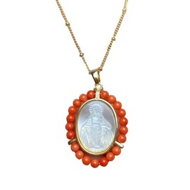 PELEIFA Mary Cadena Virgen De Pearl Necklace, Medal Red Agate Necklace, Faith 14K Gold-Plated Necklace, Agate