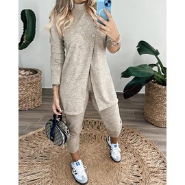 CHICME 2 Piece Long Sleeve Lounge Sets for Women Mock Neck Button Slit Top and Stretchy Cuffed Pants Set Fall Leisure Wear Sets for Women Beige-M