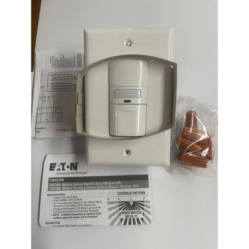 Eaton White Occupancy Sensor Switch 1/3Way LED/CFL/INC/HAL/FLR/MLV/ELV OS310U-W