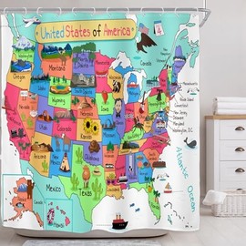 Riyidecor Kids Map Shower Curtain for Bathroom Decor 72Wx72H USA Map Educational Geography United States Cartoon Cute Animal for Boy Child Art Printed Fabric Polyester Waterproof 12 Pack Plastic Hooks