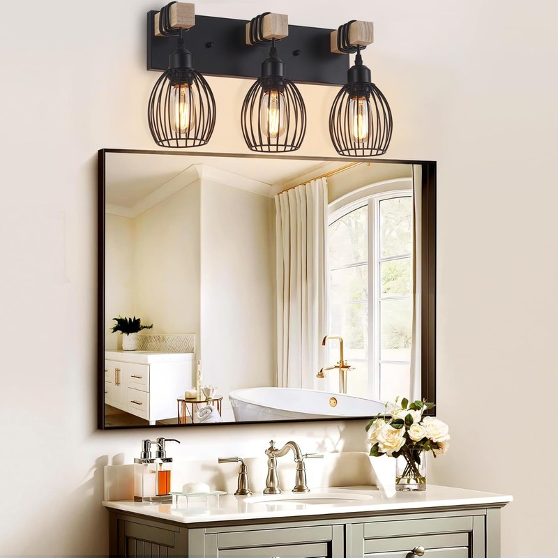 A1A9 3-Light Farmhouse Vanity Light for Bathroom, Wood Wall Sconce