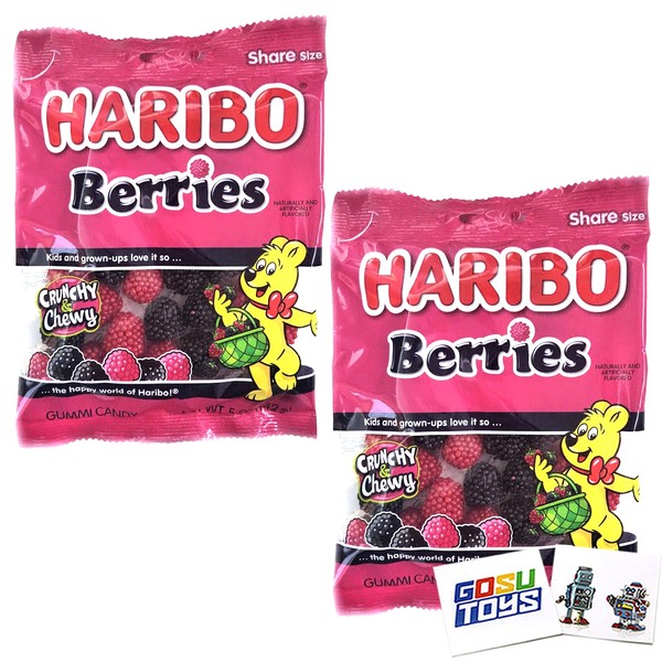 Haribo Berries Crunch and Chewy Gummy Candy (2 Pack) with 2 Gosutoys Stickers