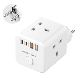 UK to European Plug Adapter with 4 USB Ports(QC3.0/PD20W), Cube European Plug Adapter for Germany, Spanish, France, Turkey, Italy, Egypt, Greece, Portugal and More(Type E/F)