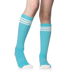 juDanzy Tall Knee High Sport Socks with Stripes and Anti-Slip Grips for Kids Toddlers and Children (6-10 Turquoise/White)