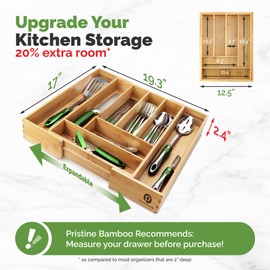 Pristine Bamboo Silverware Tray for Drawer Organizer,Kitchen Drawer Organizer,Cutlery Organizer in Drawer, Flatware Silverware Holder, Expandable Adjustable Wooden Dividers (8-slots)