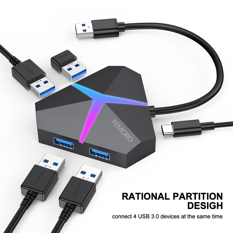 USB Splitter, FEMORO USB 3.0 Hub Expander 4 Port, Multi