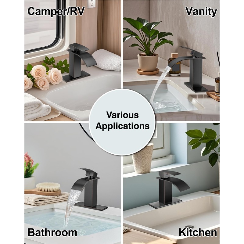 Midanya Bathroom Faucet with Waterfall Spout, Single Hole or 3-Hole